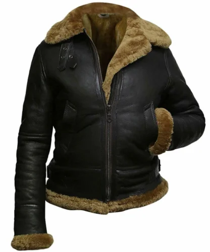 2021 Women Leather Jacket Aviator Black Real B3 Hooded Fur Shearling Bomber - Wholesale Price