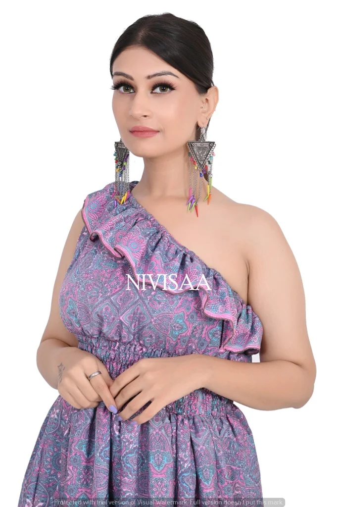 Latest Trendy Design Floral Printed Knee Length Without Sleeves Short Dress with Elastic Waist in Lavender Color for Girls