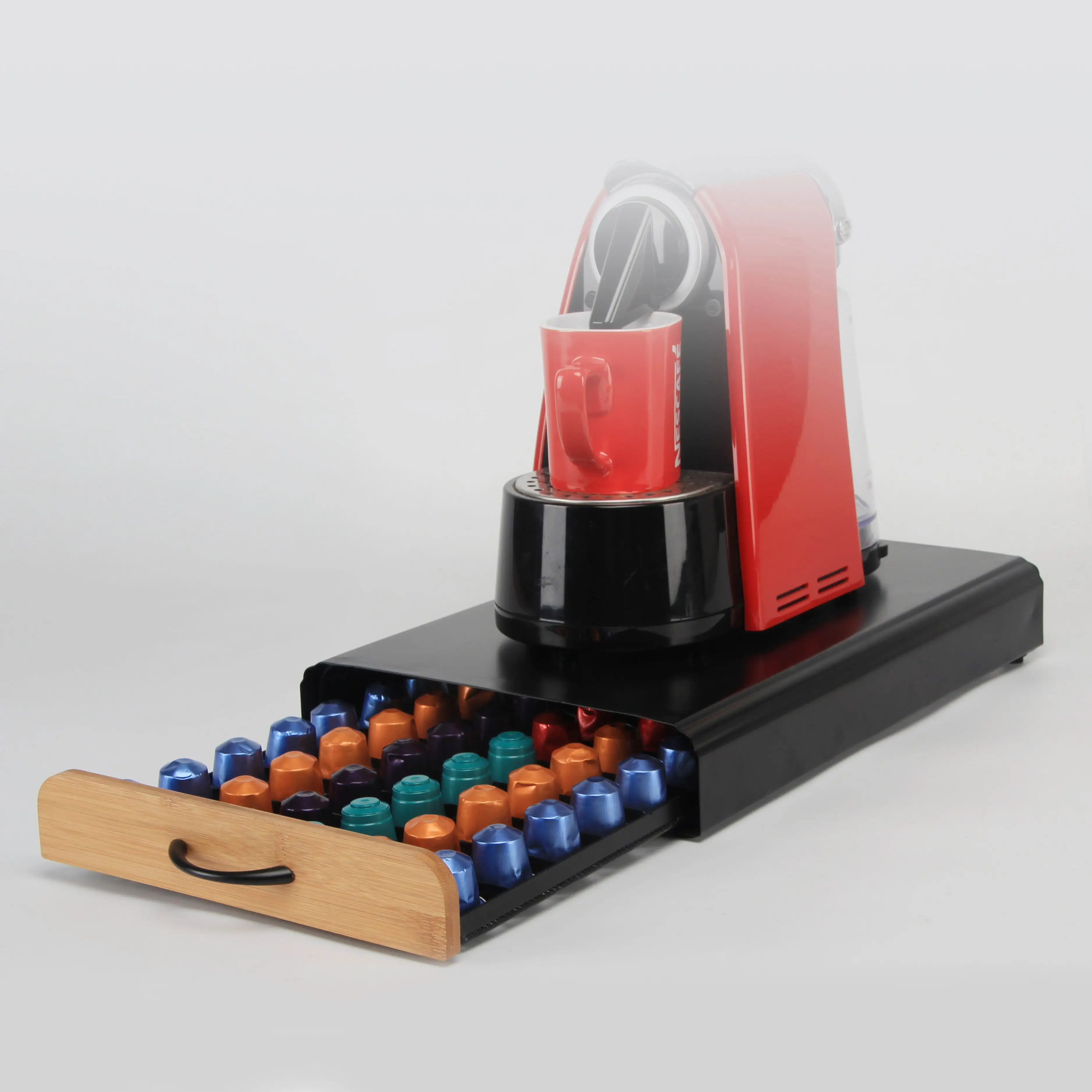 New Design Bamboo 60pcs black handle Nespresso coffee pod drawer capsule holder