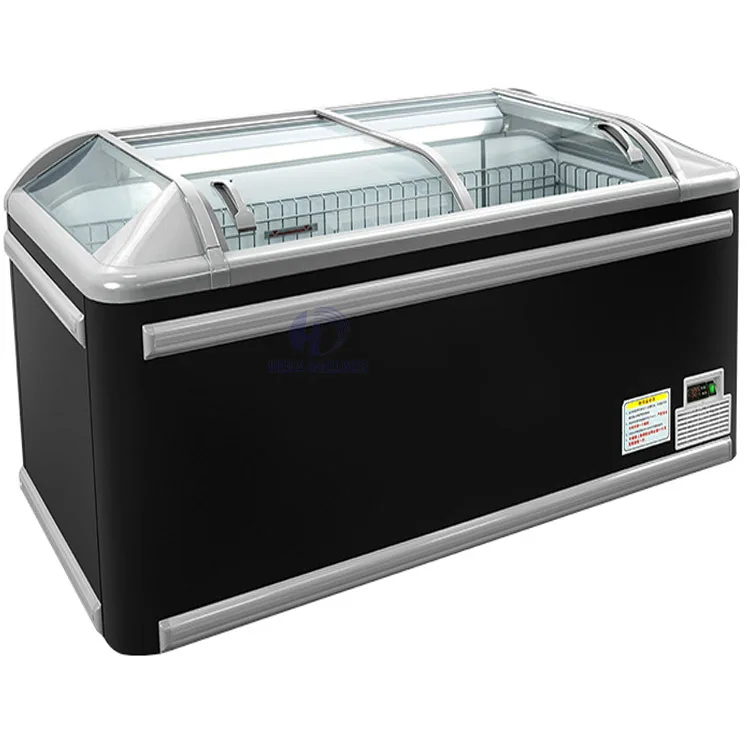 Supermarket Industrial Frizer  Refrigeration showcase Equipment Spares For Ice Cream Curved Glass Door Island Chest Freezer