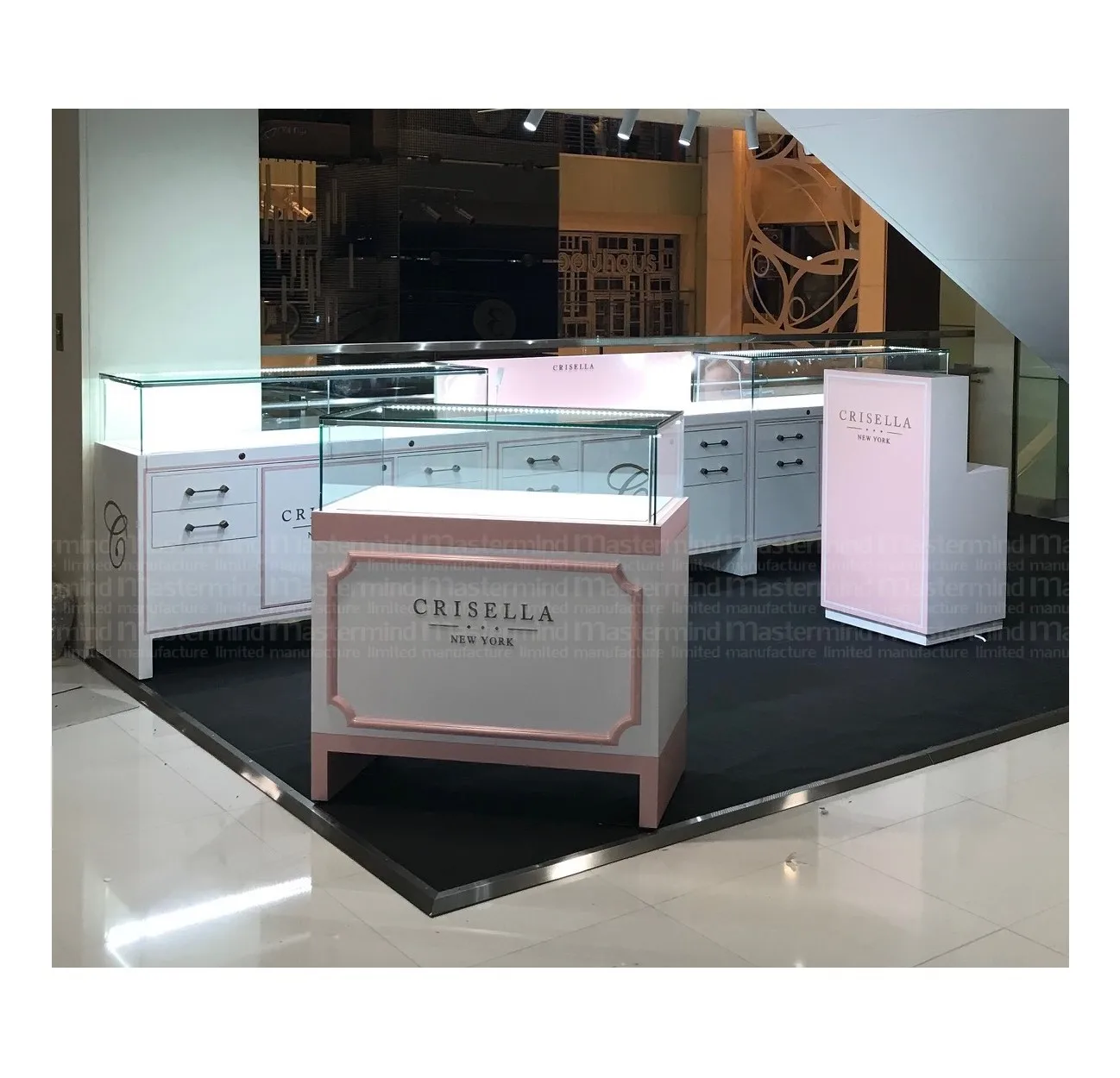 Customized Movable Glass Display Cabinet Showcase with LED Spot Lighting for Watch & Jewelry Retail Store Furniture