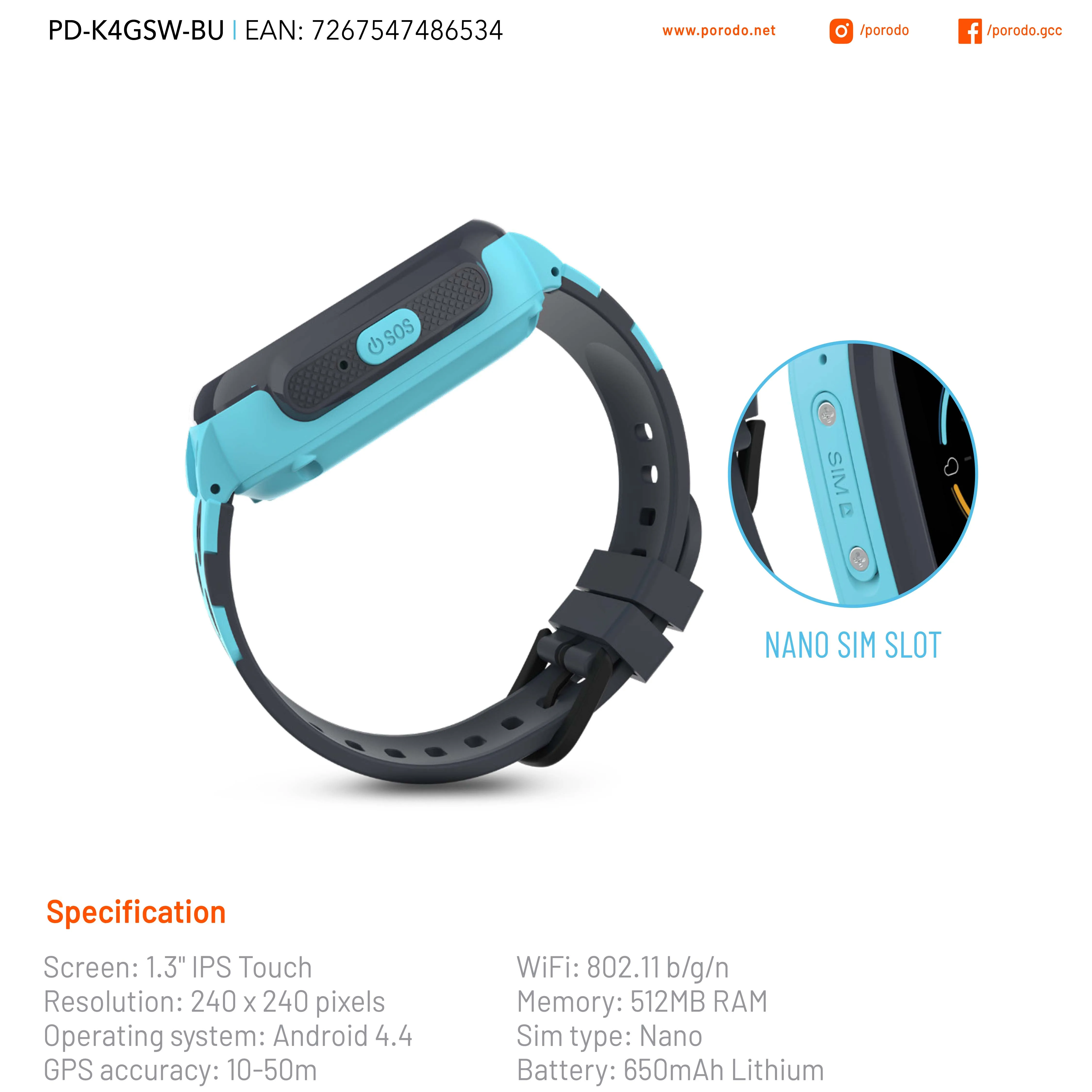 Porodo  Kids  4G Smart Watch  Android iOS Phone Waterproof Heart Rate Tracker Blood Pressure Oxygen Sport smartwatch