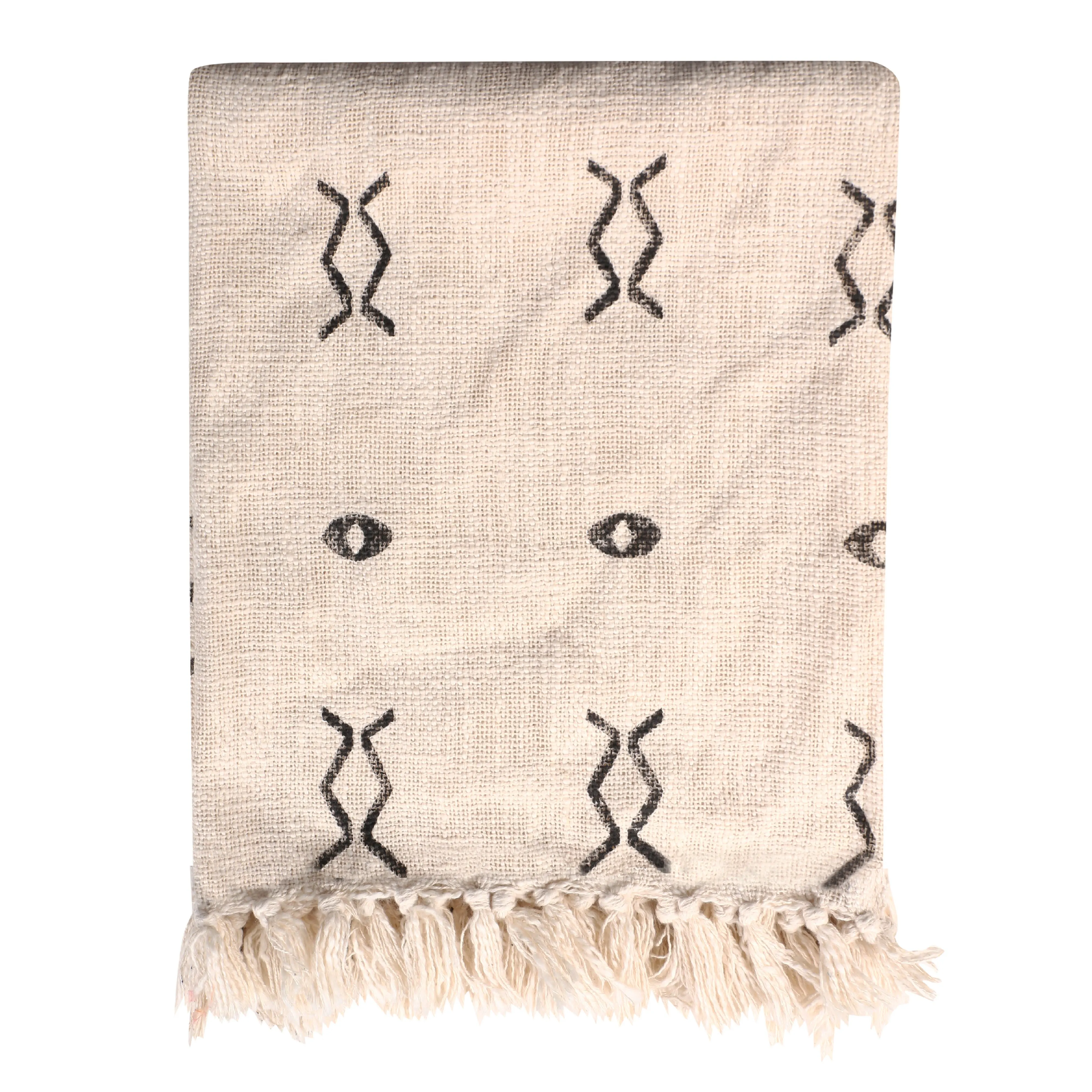 Factory Price Indian Handmade 100% Organic Cotton Hand Block Printed Mud Cloth Beige Throw Bedding Bedspread Gift Woven Blanket