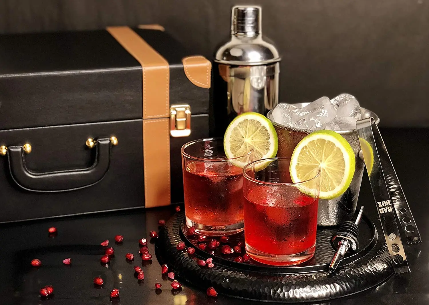 Bar Box Portable Leather Bar Set with 3 Whiskey Glass Bar Set Vintage Black