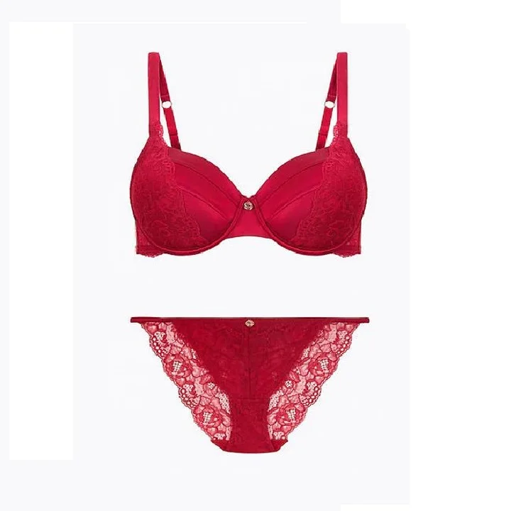 Red Color Hot Selling Women Lace Bra Brief Set Fashion Lace Transparent Push Up Bra Panty Set Women Underwear Set