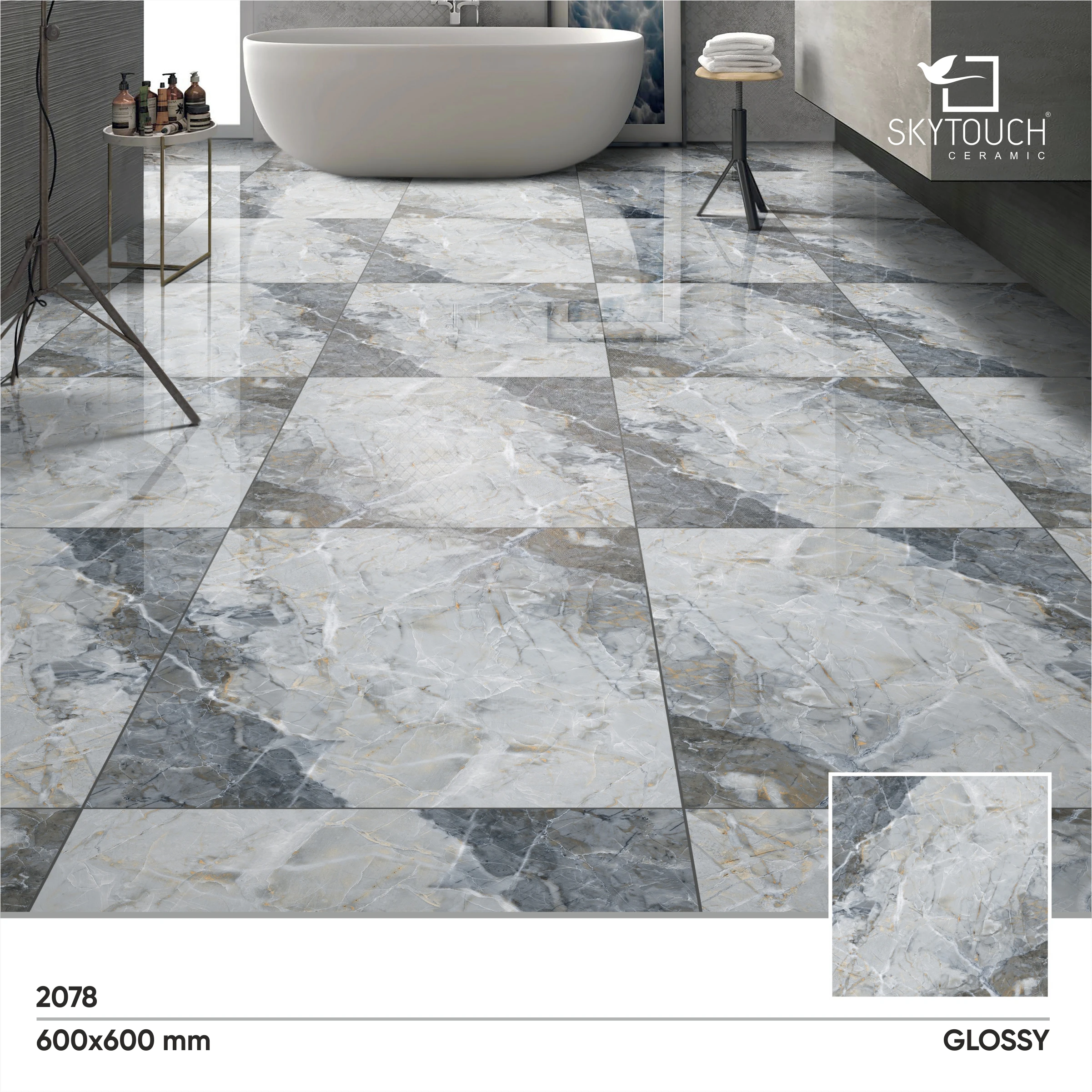 Project usage Building Materials tile 600x600mm grey color full polished glazed marble look glossy porcelain tile