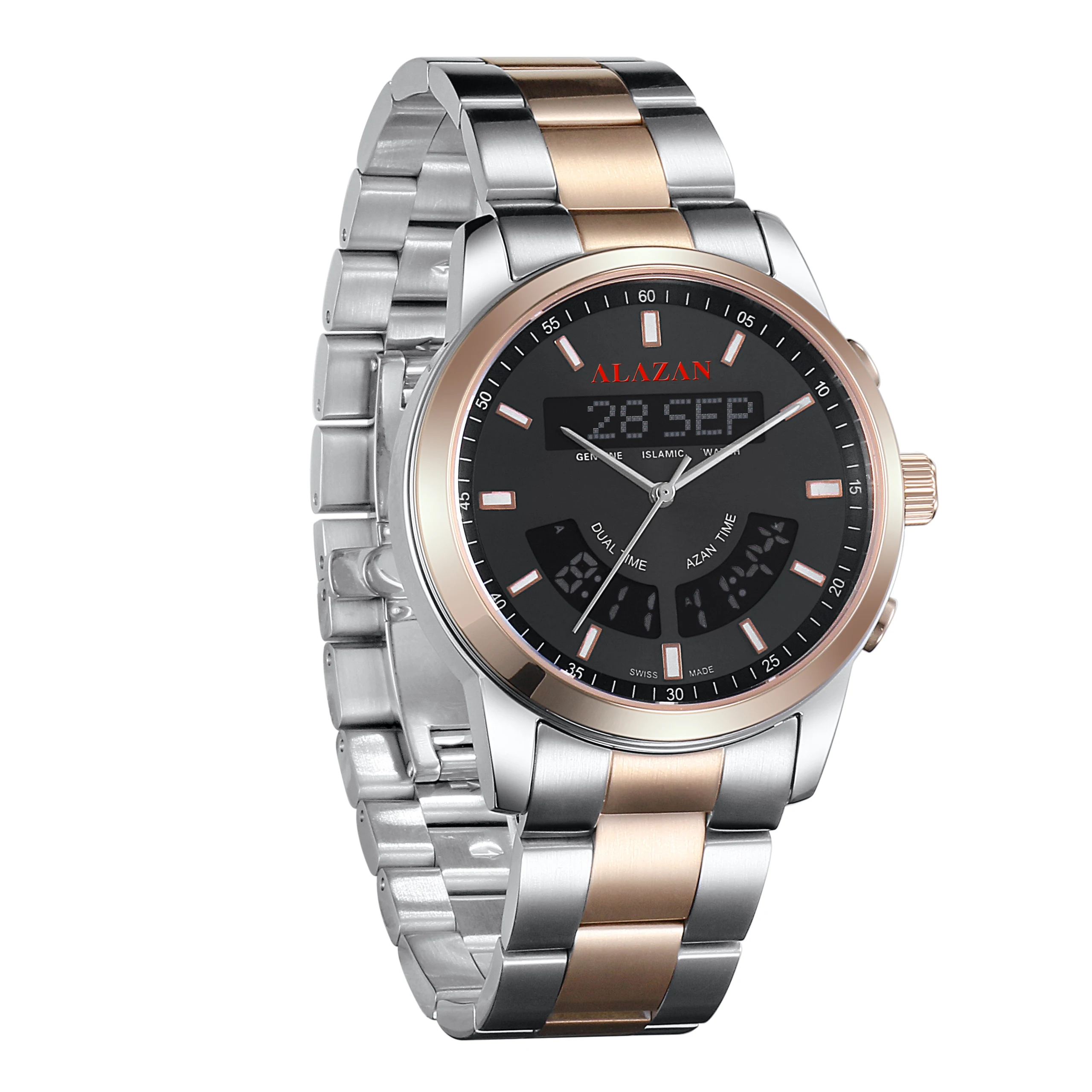 alazan Islamic alasr muslim azan alfajr Stainless steel prayer  qibla compass waterproof kaaba  clock watch factory wholesaler