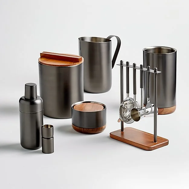 Barware  Collection set of 11 Pcs in Food safe Steel Material & Wood Brushed Black Finish By KSN