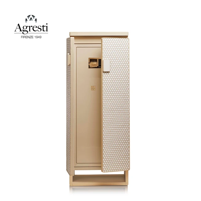 Armored jewelry cabinet covered in white and beige hand threaded leather