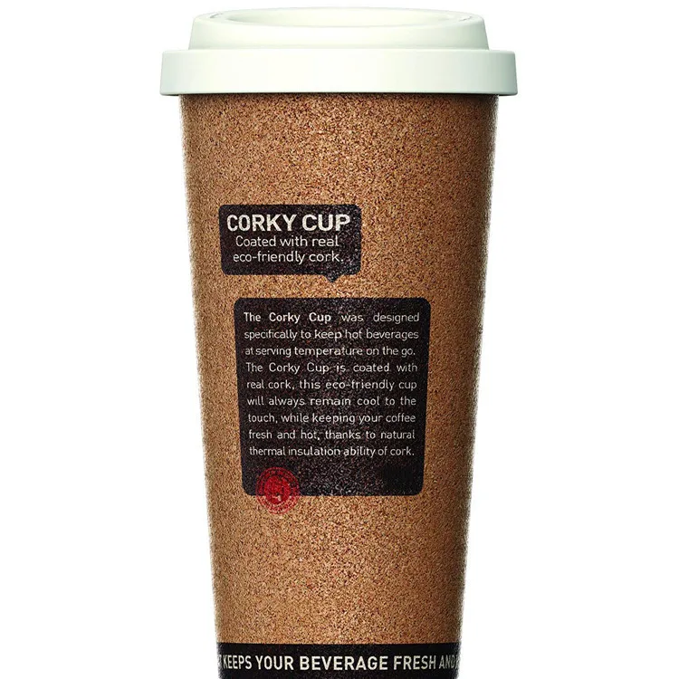 16oz Eco-friendly Reusable Insulated Cork Plastic Coffee Tea Mug Cup for Travel and Work