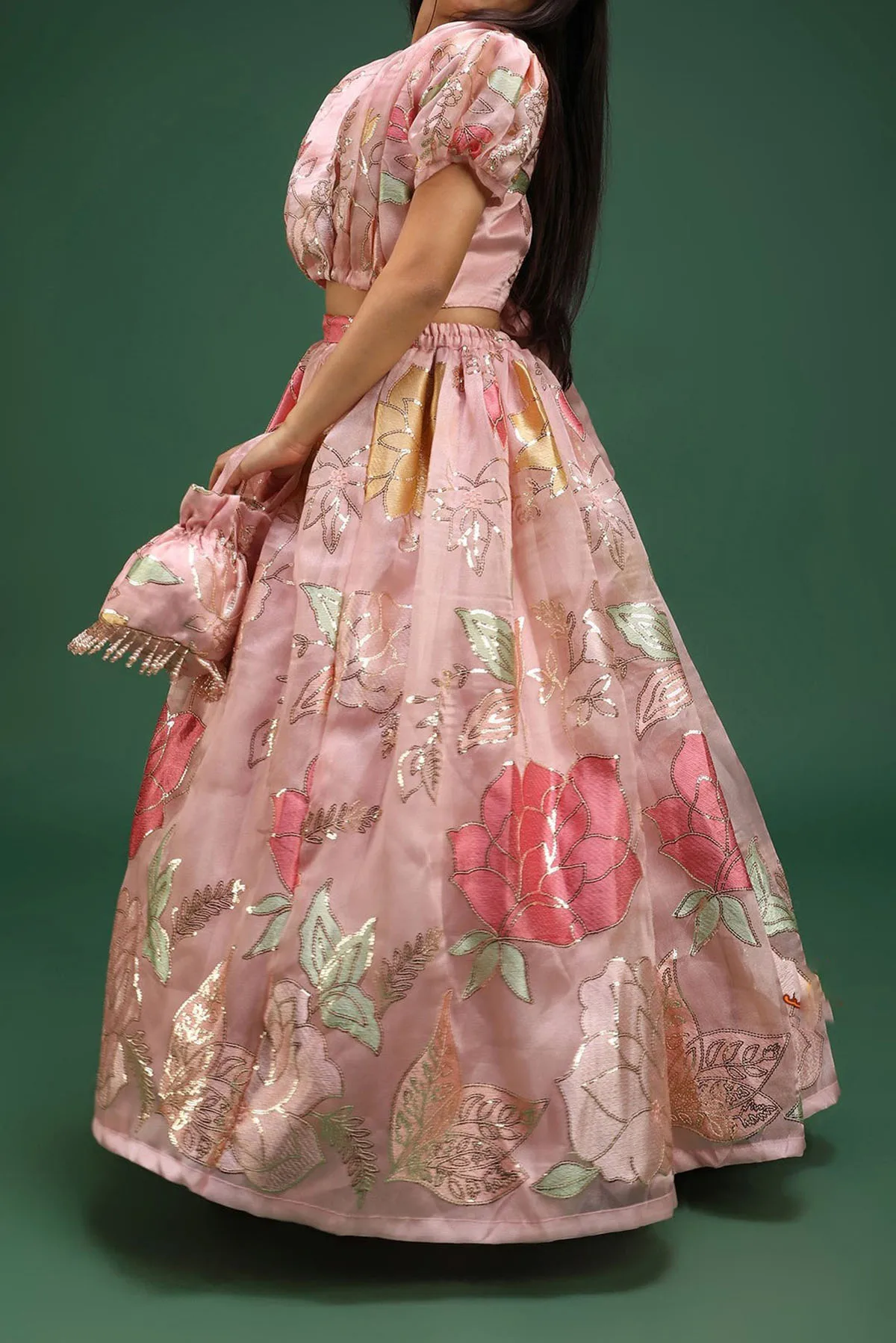 New Stylish Design Pleated Girls Kids Wear Sequin Thread Work Unique style Blouse Lehenga V neck Organza Satin And Shantoon