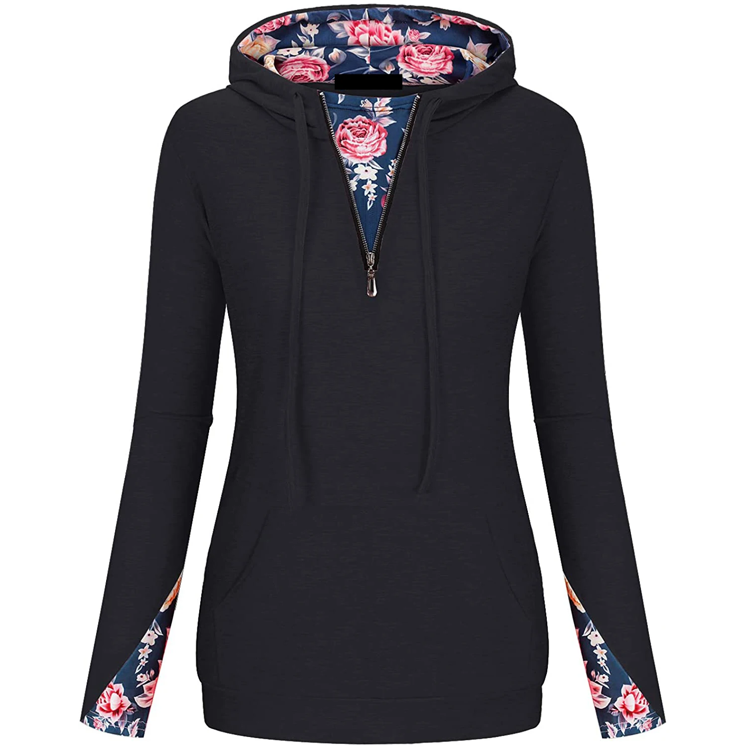 Women Solid Black With Floral Patch Hoodies Street Wear Styles