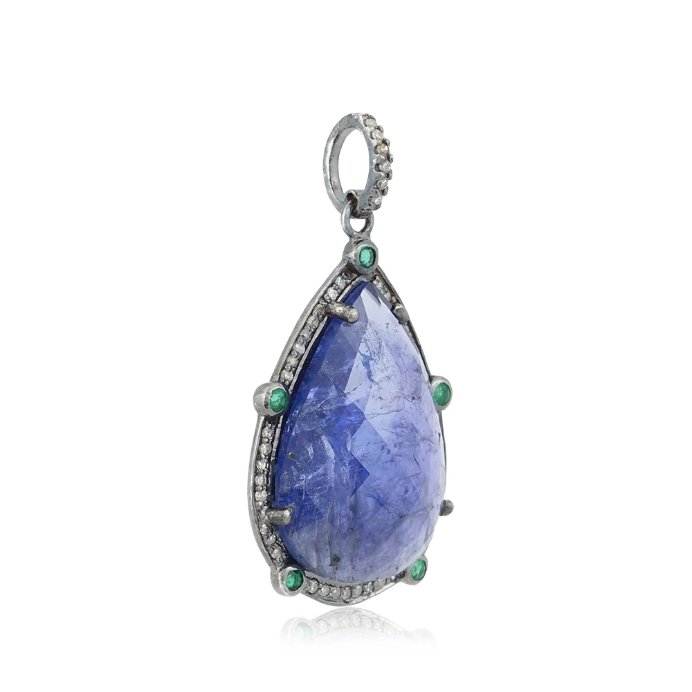 Pear Shaped Tanzanite Gemstone Oxidized 925 Silver Pave Diamond Designer Emerald Pendant Jewelry Wholesale