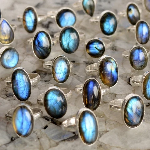 Wholesale sterling silver opal ring labradorite jewelry adjustable silver ring natural blue labradorite lamp shade rings