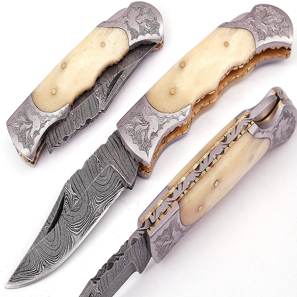 Custom Handmade Damascus Steel Folding Knife Top High Quality skinner knife Pocket knife With leather sheath FK-1