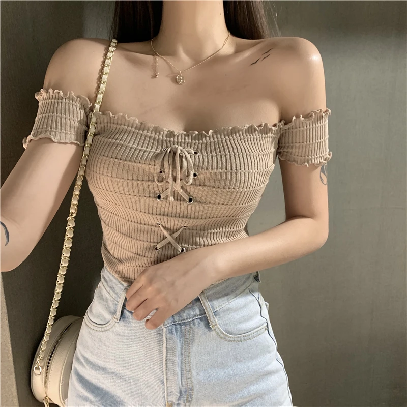 2020 Wholesale New Design Women Fashion Off-Shoulder Top Ladies Casual Short Sleeve Knitted Blouse