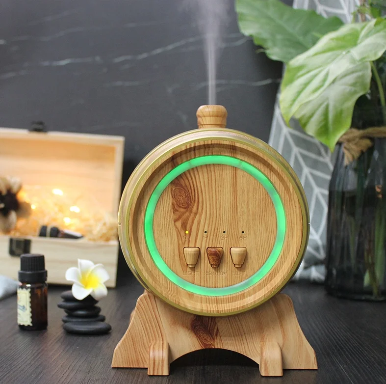 Hot Selling Smart Wood Grain Wine Barrel Aroma Diffuser 350ml Blue Tooth 7 Led Light Aroamtherapy Diffuser