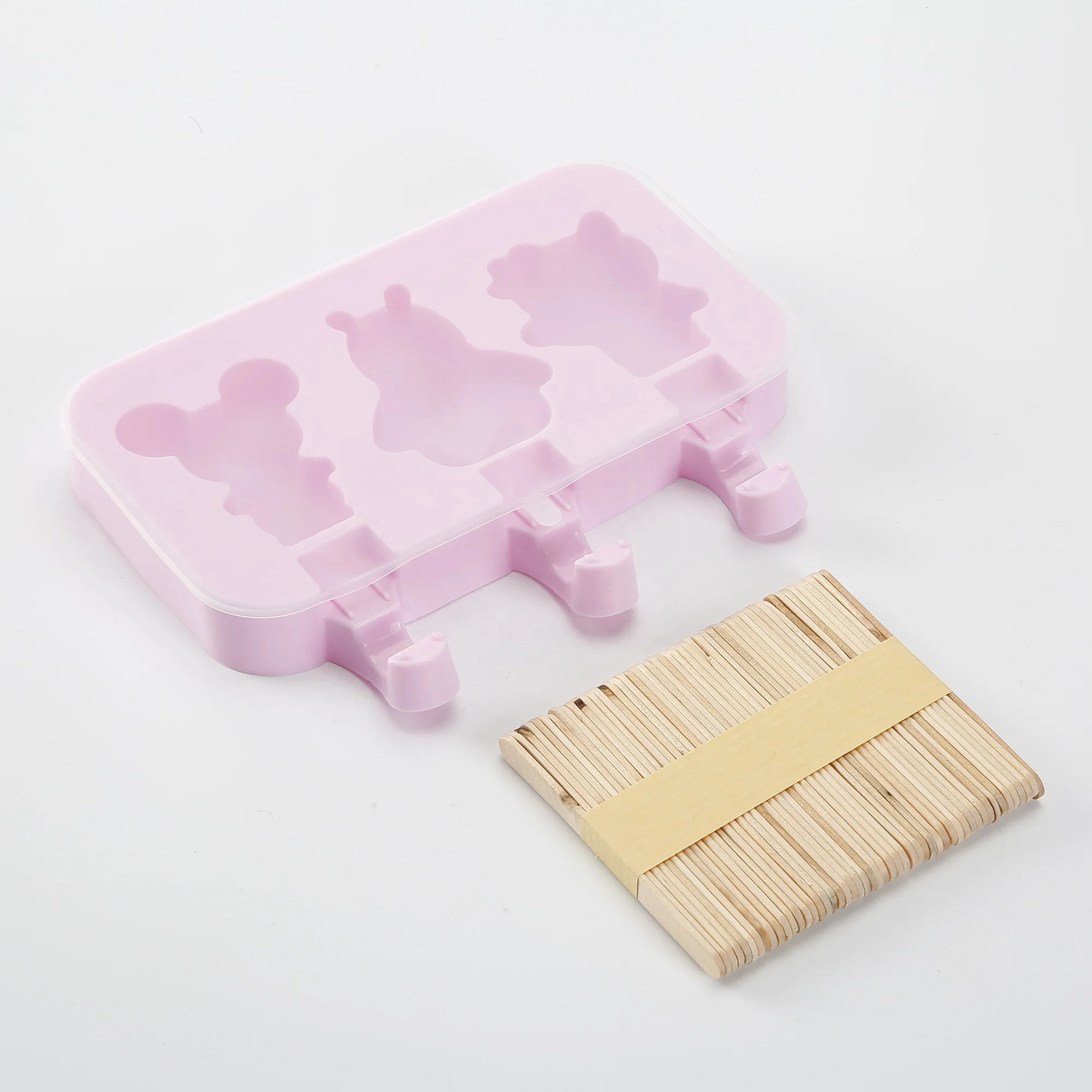 Splendid 3 Cavities Homemade Bear Shaped Silicone Popsicle Ice Lolly Molds with 50 Wooden Sticks