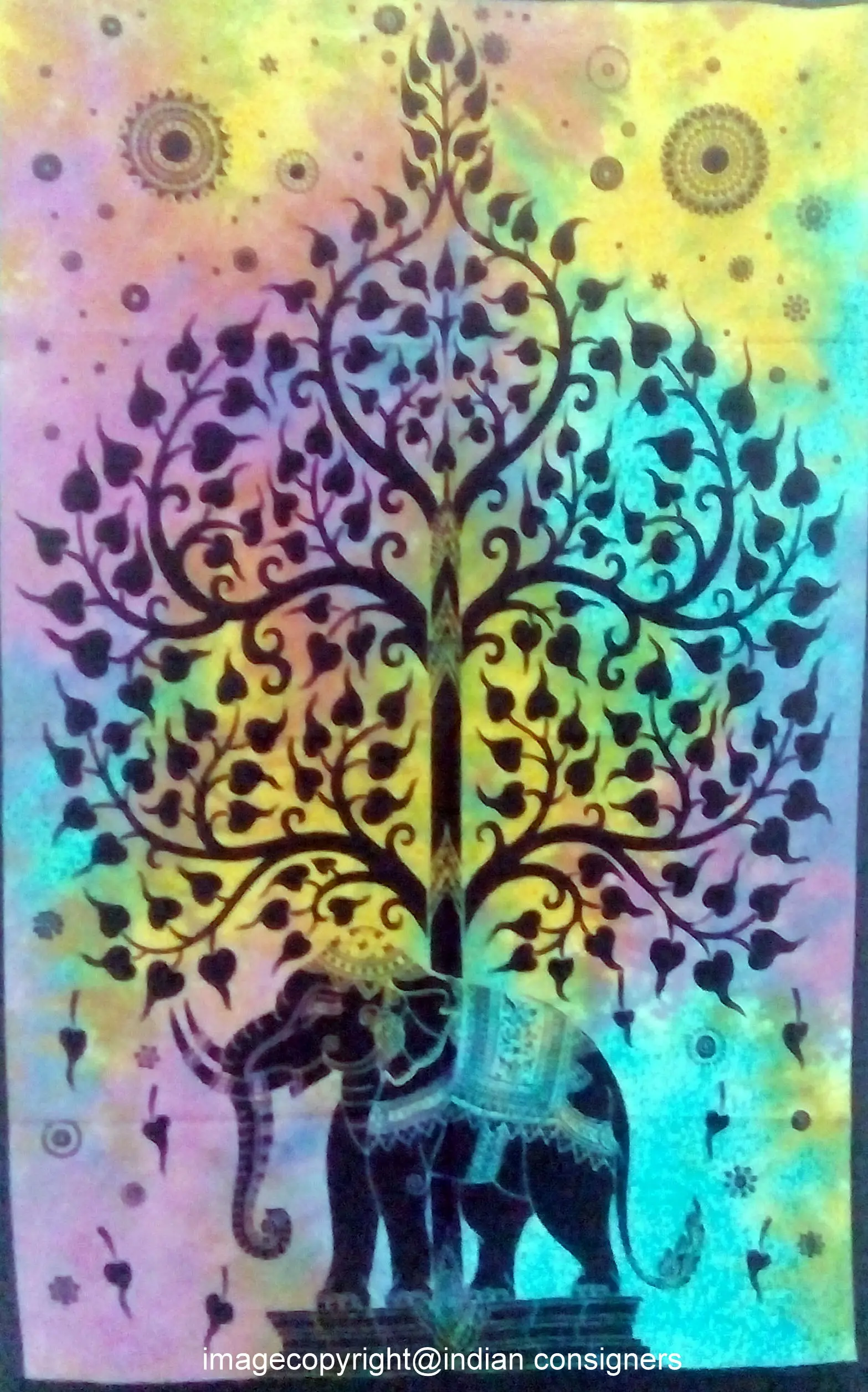 Wall Hanging Multi Cotton Fabric Throw Beautiful Multiple Color Elephant Tree Small Tapestry Poster