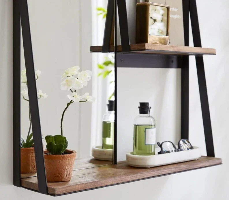 Metal Framed Wooden Shelf Wall Vanity Bedroom Wall Mirror