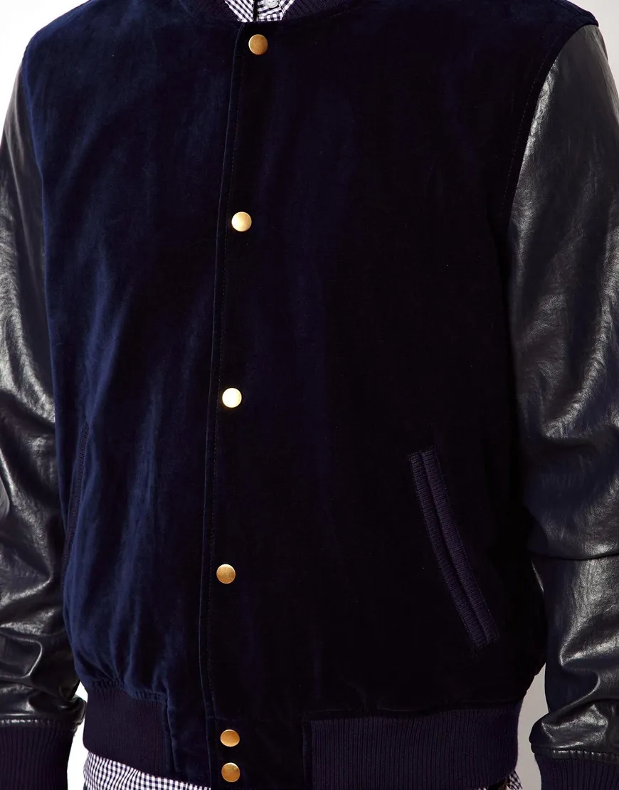 Navy velvet Varsity BOMBER BASEBALL Jacket - WHITE Leather Sleeves/wool varsity jackets for sports custom wholesale