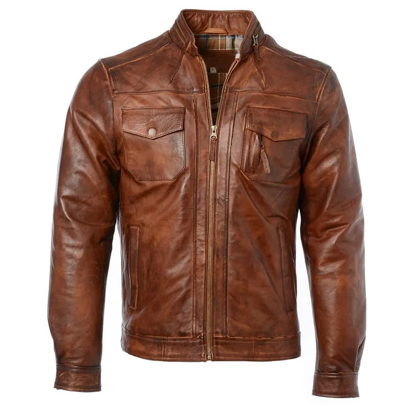 Brown Genuine Leather Jacket Men for Bikers Waxed Cafe Racer Vintage Motorcycle Jackets