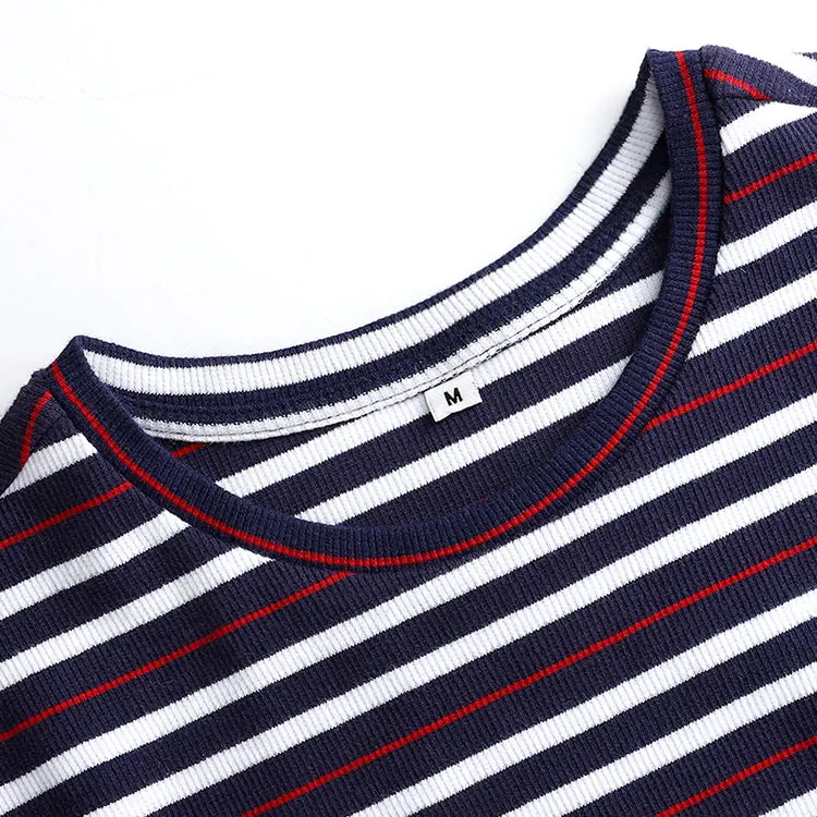 Bodycon Midi Dress Women Ladies T Shirt Short Sleeve O-Neck Navy White Striped Bodycon Ribbed Cotton Jersey Midi Dress