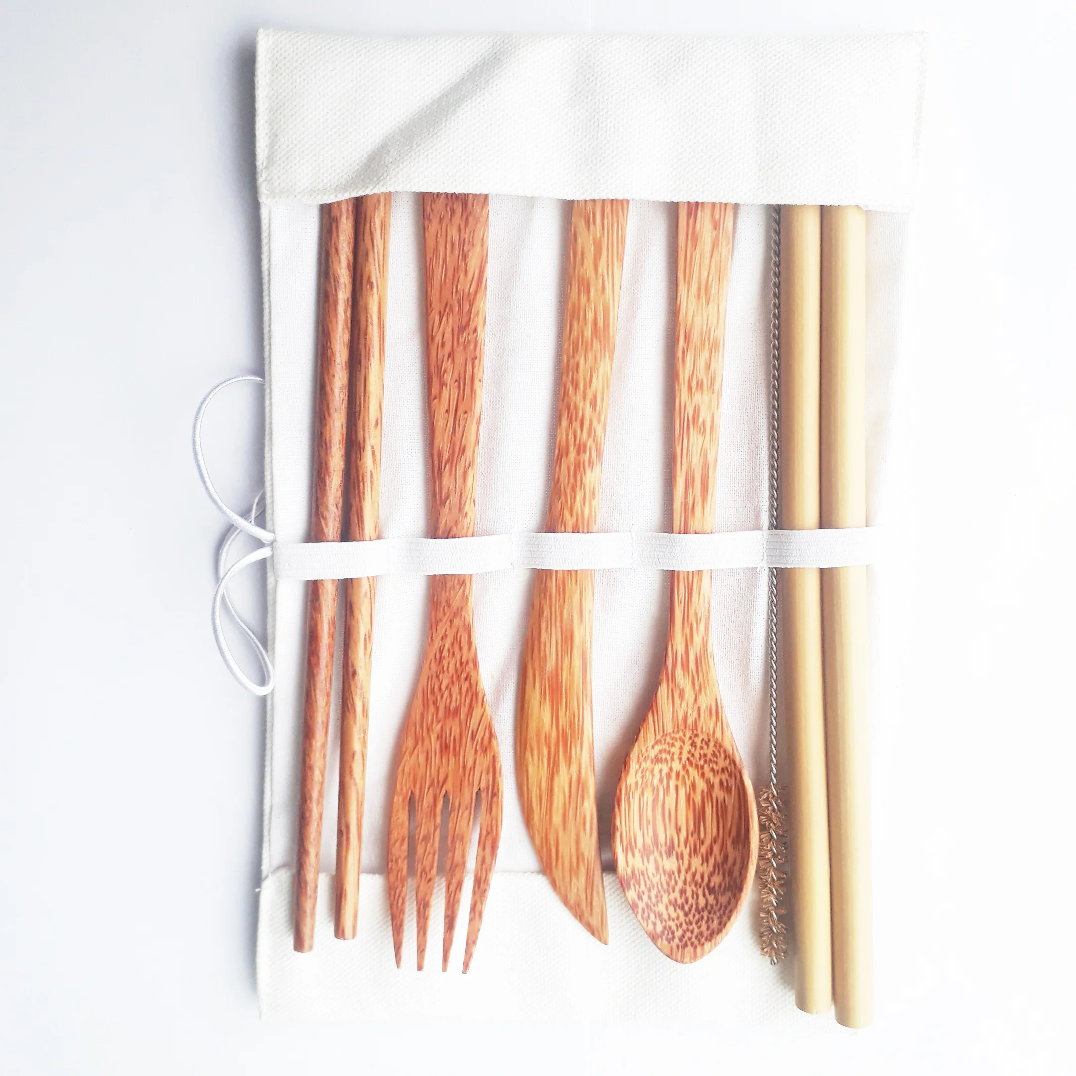 Eco Products Amazon hot seller Wood spoon fork cutlery with pouch Cutlery Sets Coconut Wooden  Lunch Utensils Coconut Bowl and Spoon Set