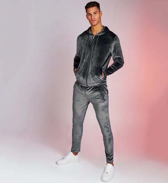 custom logo unisex sport sweat suite 2 piece Shiny Velour Hooded Tracksuit
