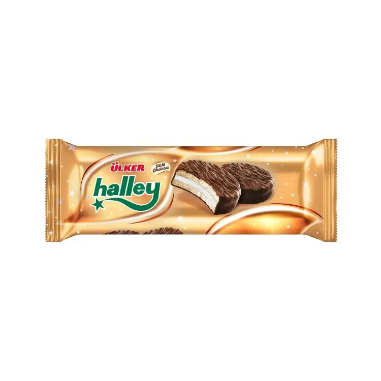 ULKER HALLEY CHOCOLATE COATED BISCUIT MARSHMALLOW SANDWICH BETWEEN TWO BISCUITS COVERED WITH CHOCOLATE BLACK MULBERRY CARAMEL