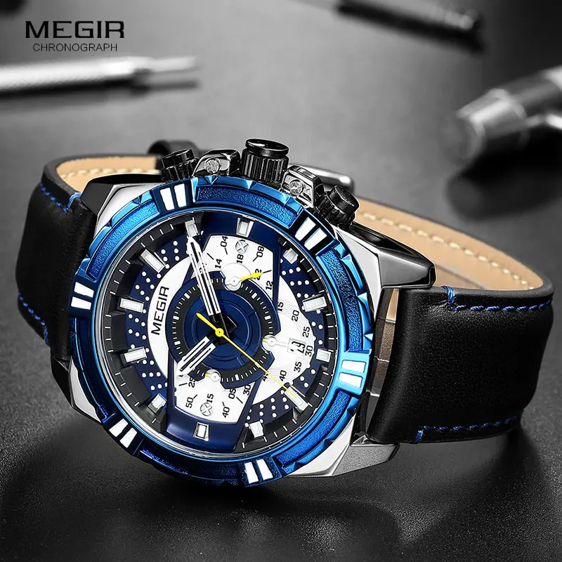 MEGIR 2118  Men Blue Leather Strap Sports Casual Watches Waterproof Luminous Wristwatch Man Relogio Masculino Clock