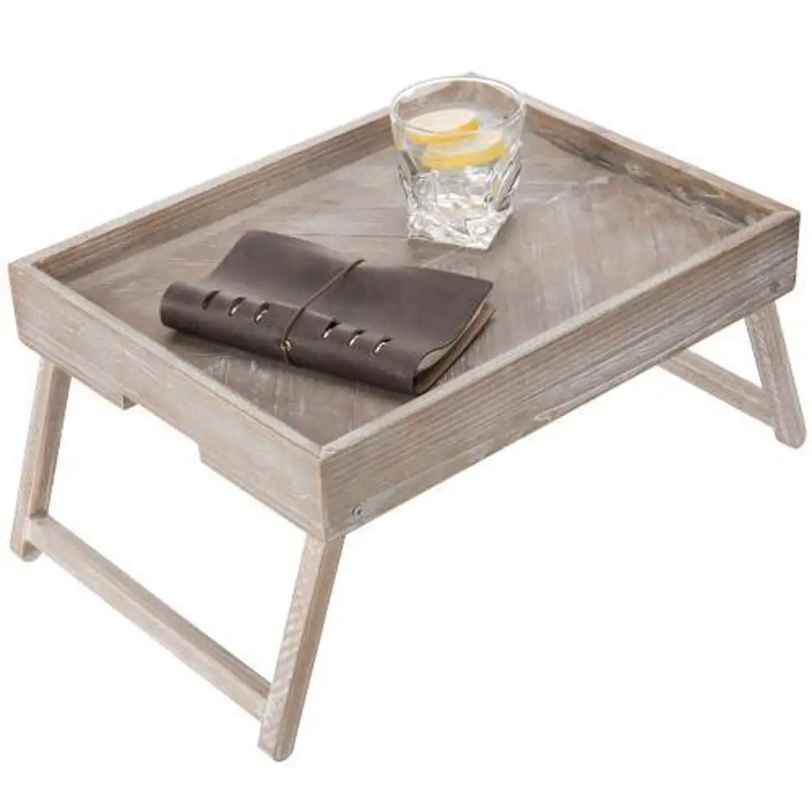 Vintage Graywashed Wood Serving Tray with Foldable Legs