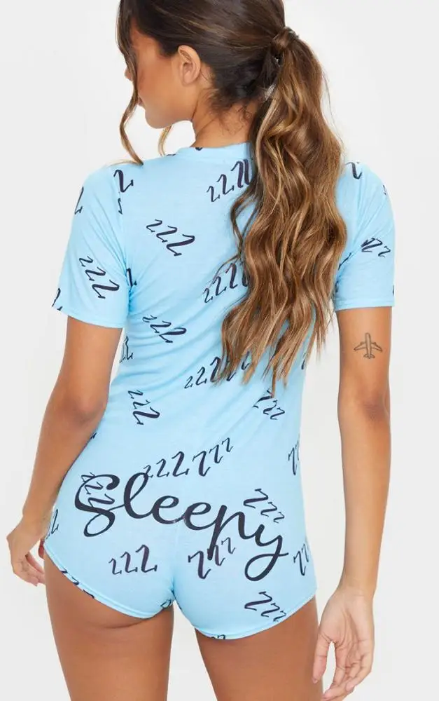 
MGOO OEM Blue Short Sleeve Sexy Adult Onesie Letter Printing Pajama Set Romper for Women 