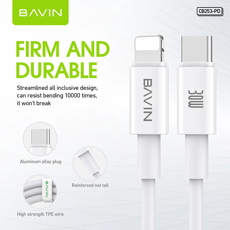 BAVIN  hot selling cell mobile phone usb date cable 1m pd 18w 20w 30w  type c 8 pin fast charing cable for lighting to usb-c