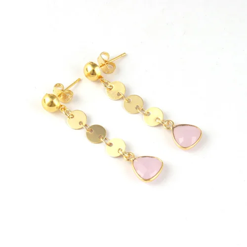 Bohemian vintage briolette cut pink quartz coin link dangle earring vermeil gold fashion statement handmade drop dangle earring