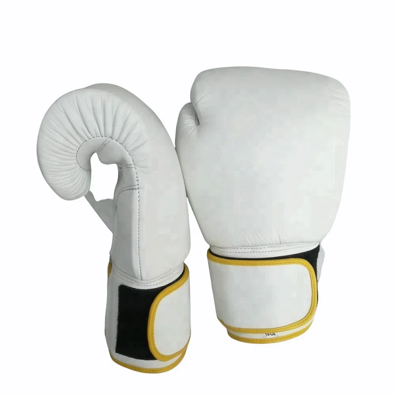 Genuine White Leather Boxing Gloves Hand-Made Mold with Hook and Loop Wrist Strap Closure Layers