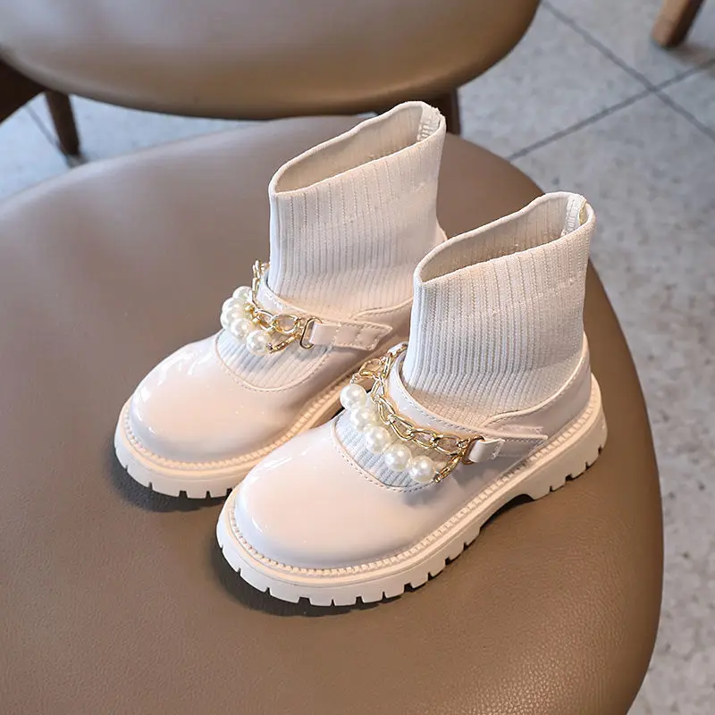 Fashion shoelace free warm kids winter boots With pearl chains girls leather for outdoor