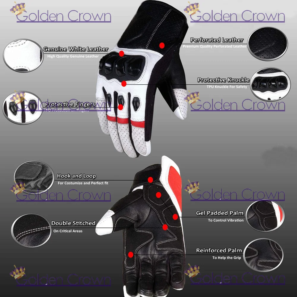 Men Motorcycle Protective Premium Leather Street Cruiser White Biker Gloves
