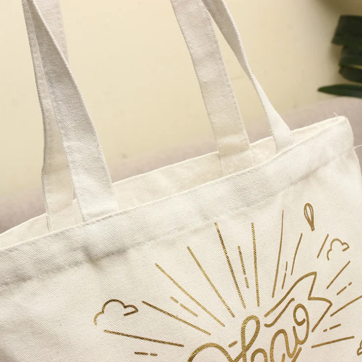 Eco- friendly custom gold foil stamp logo recyclable cotton canvas carry bag