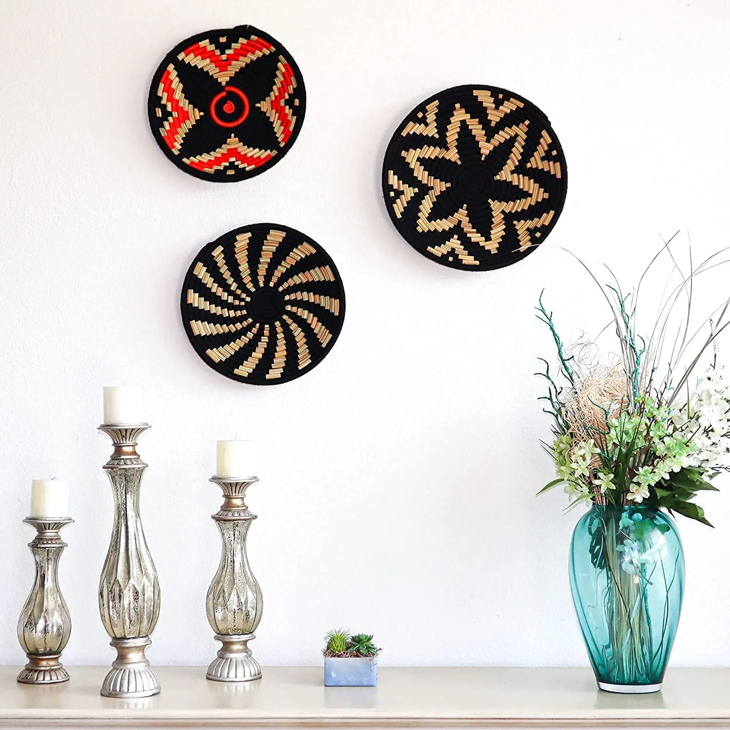 Large Boho Woven Wall Basket Decor Set of Four Handmade Wall Art made from Natural Seagrass Ready to Hang