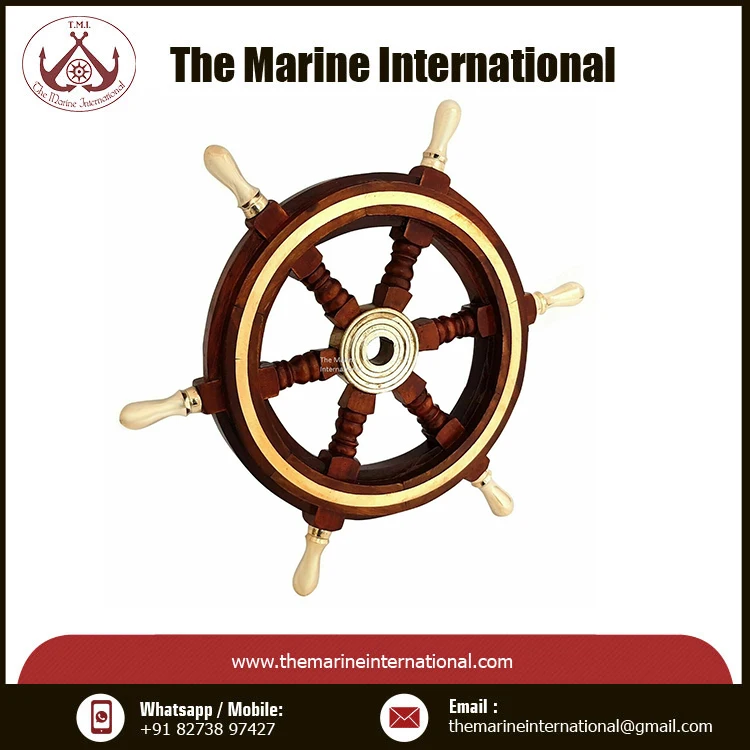 Ring and Handle Ship Wheel Marine Nautical Home Decor Boat Steering Brass and Wood with Brass Marine Vintage Style 12 Inch Teak