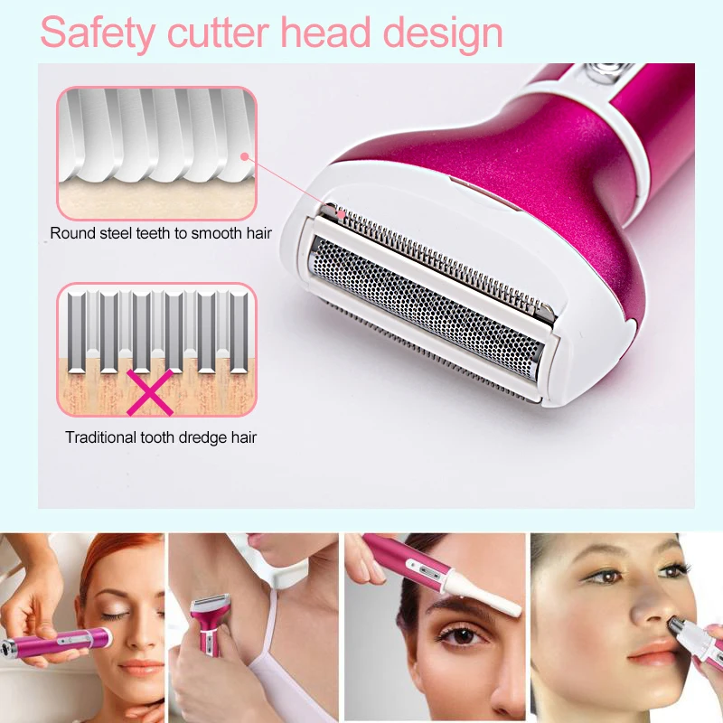 4 In 1 Facial Hair Trimmer Rose Red Electric Eyebrow Trimmer With US Standard Plug
