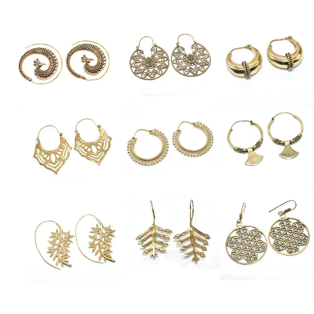 
handcrafted Design Brass Spiral Tribal Jewelry Indian look Brass Earrings 