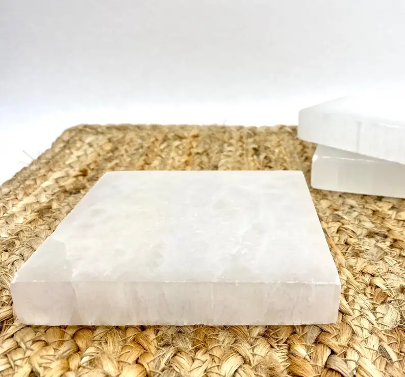 Beautiful Polished Crystal Selenite Charging Plate Square Shape Heart Etching Carved Technique Meditation Inspired Pyramid Stone