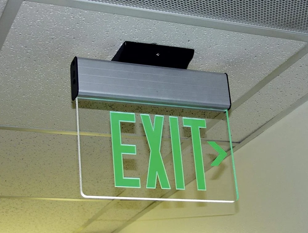 Edge Lit Brushed Aluminum Clear Emergency Exit Sign with backup rechargeable battery