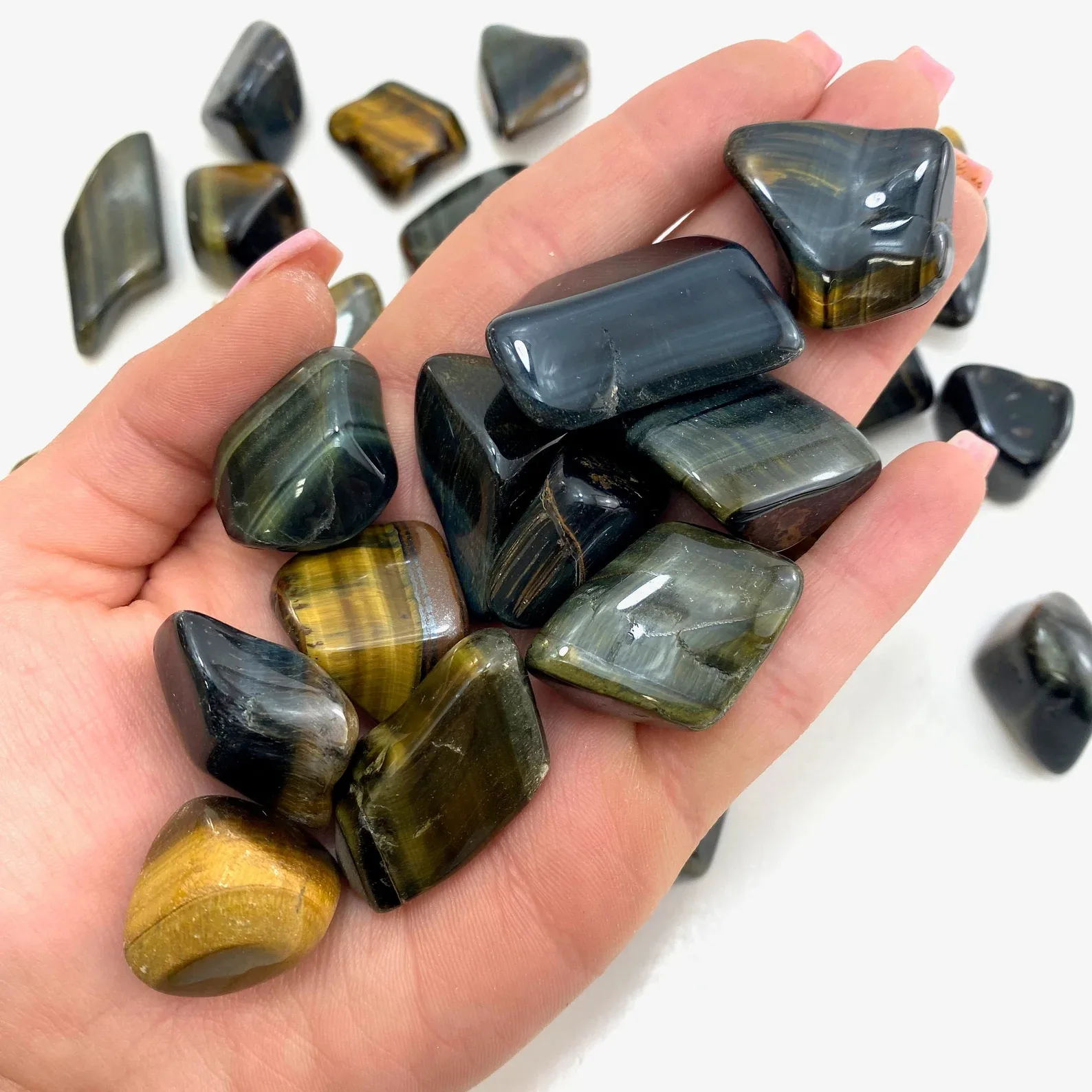 High Quality Natural Blue Tiger Eye Tumbled Gemstone Free Form Healing Muntaha Agate