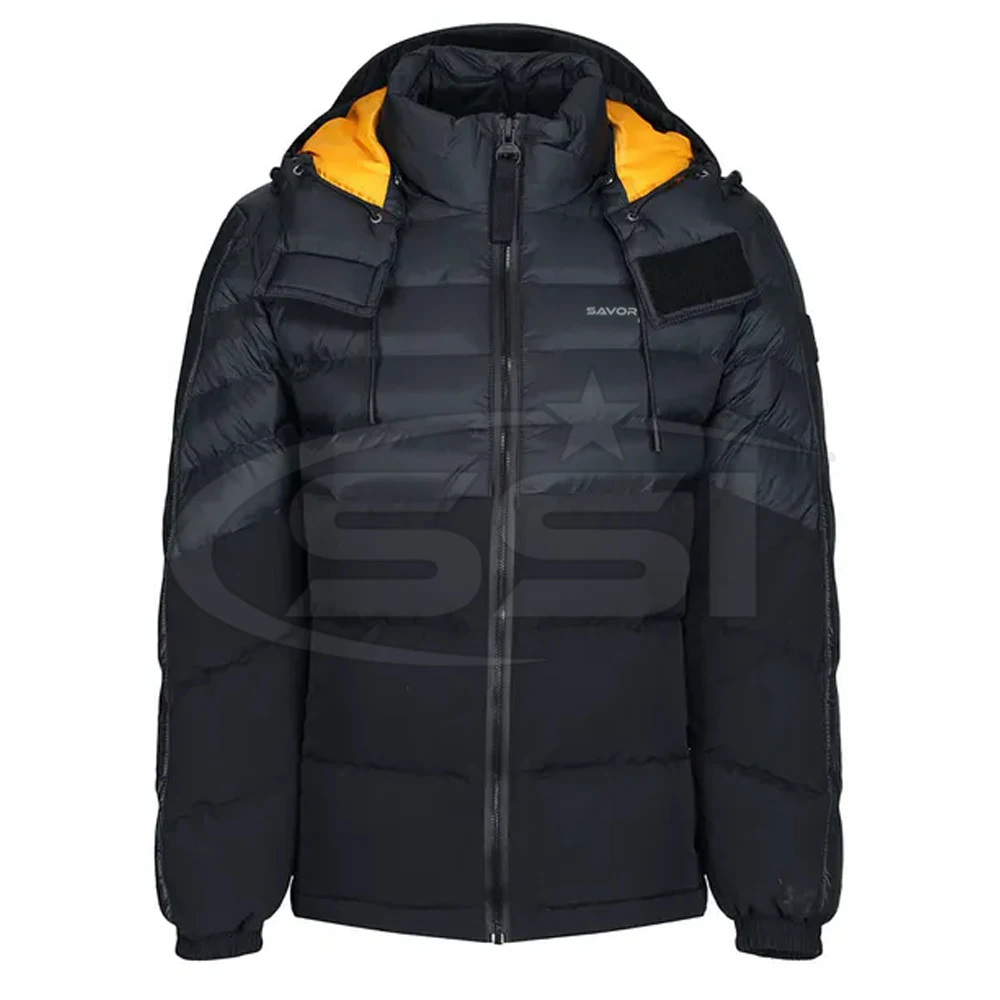 Winter mens outdoor black Nylon Polyester bubble down puffer jacket with hooded