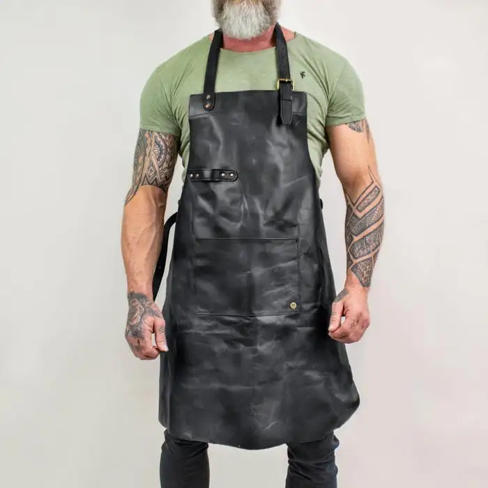 Classic Leather Apron Black Color Premium Full Grain Leather With Rustic Waxed Finished Large Pocket In Front And Towel Loop