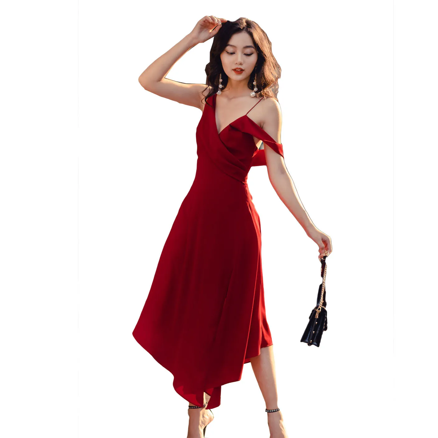 New arrivals cross over V neck bust pretty burgundy maroon midi dresses for woman party prom night out Made in Vietnam