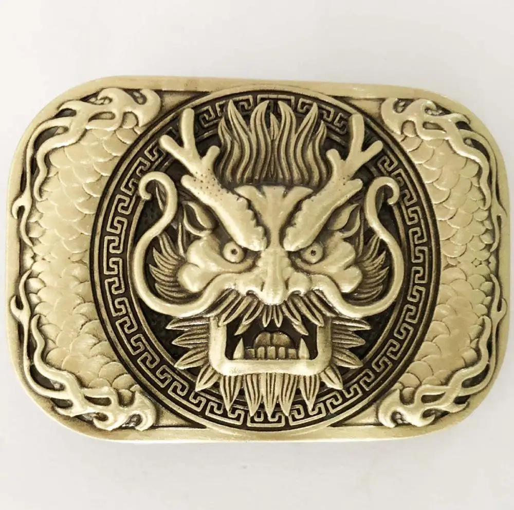 High quality inner width 40mm customized solid brass dragon head western name plate belt buckle